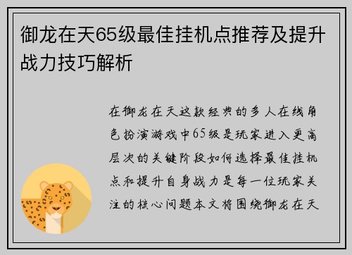 御龙在天65级最佳挂机点推荐及提升战力技巧解析